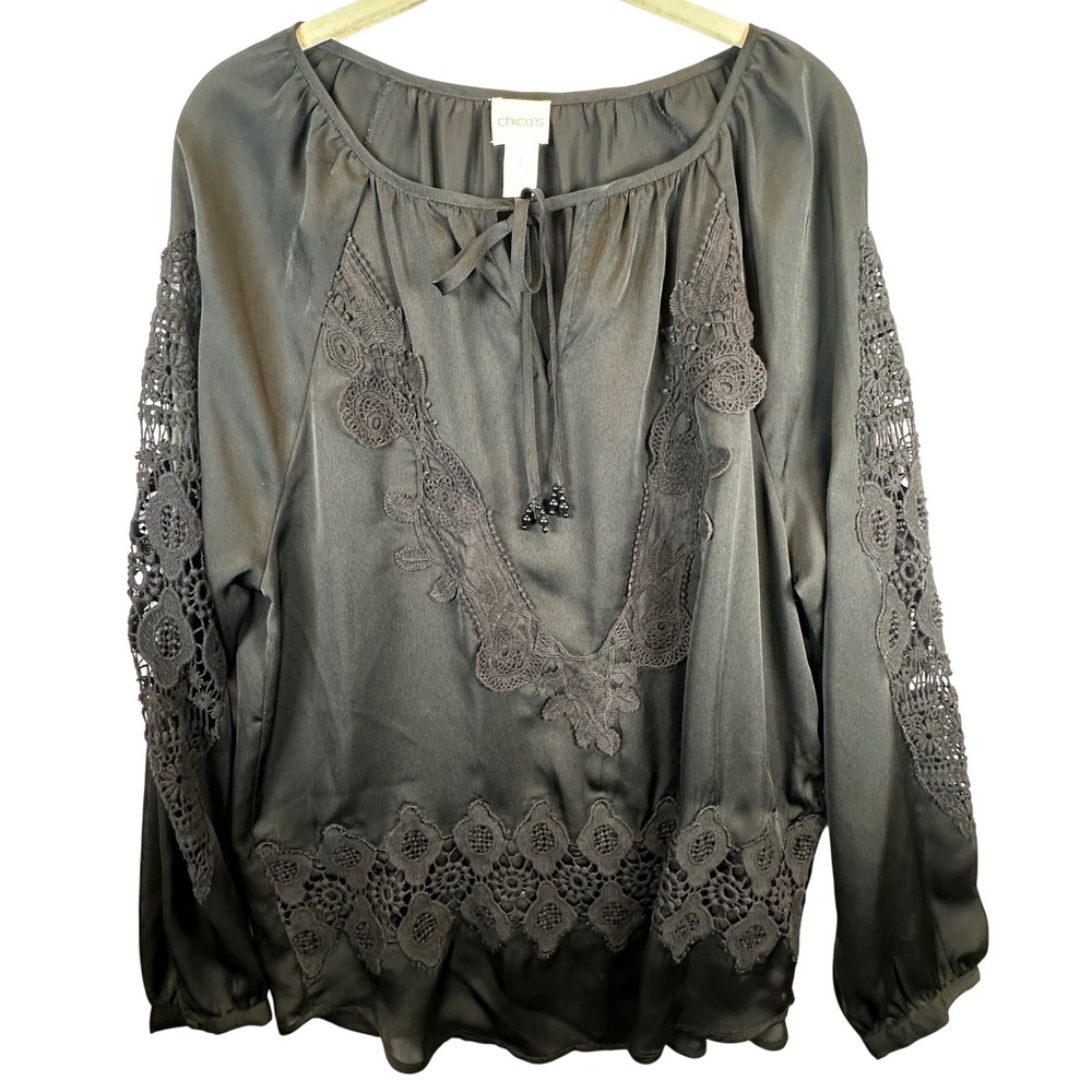 Chico's Black Satin Lace Crochet Trim Peasant Blouse Top Size 1 Medium Witchy